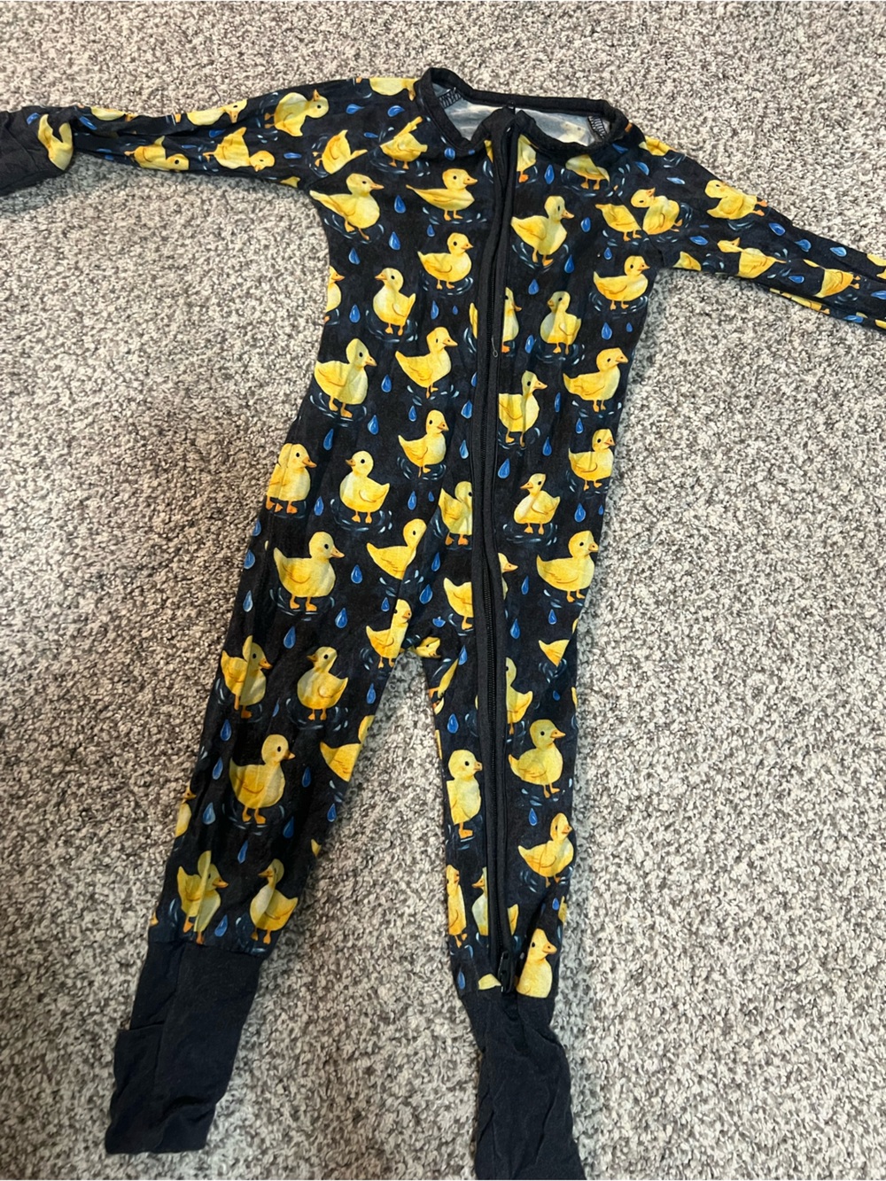 Kids Black & Yellow Duck Print Pajamas - Zipper Footed Onesie